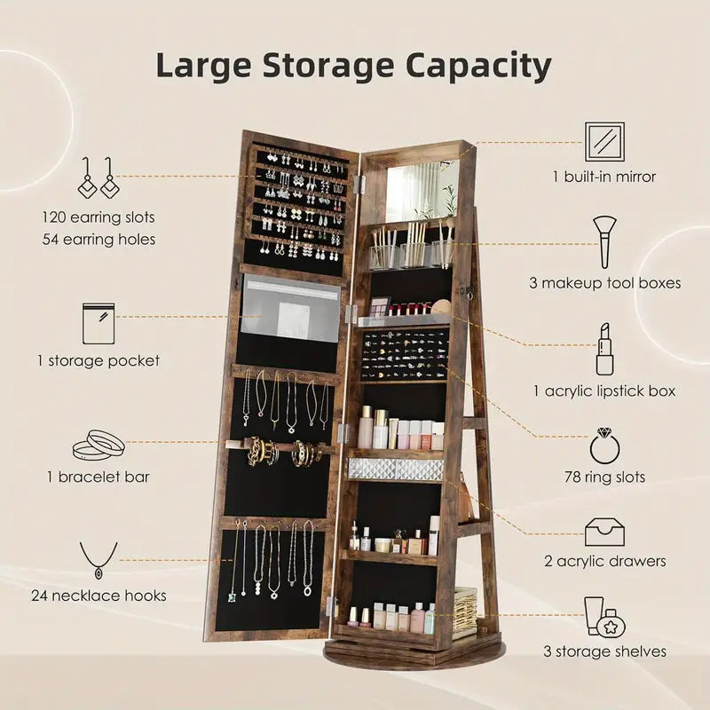 Brown 360° Swivel Jewellery Cabinet Mirror