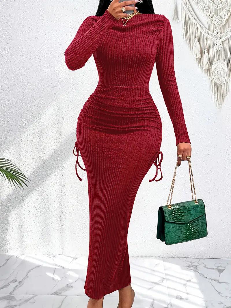 Burgundy Elegant Off-Shoulder Long Sleeve Bodycon Dress for Women
