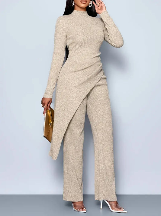 Beige Women's Elegant Fleece Ribbed Asymmetrical Hem Top And Flared Pants