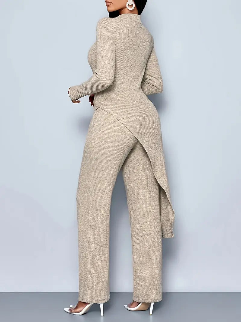 Beige Women's Elegant Fleece Ribbed Asymmetrical Hem Top And Flared Pants