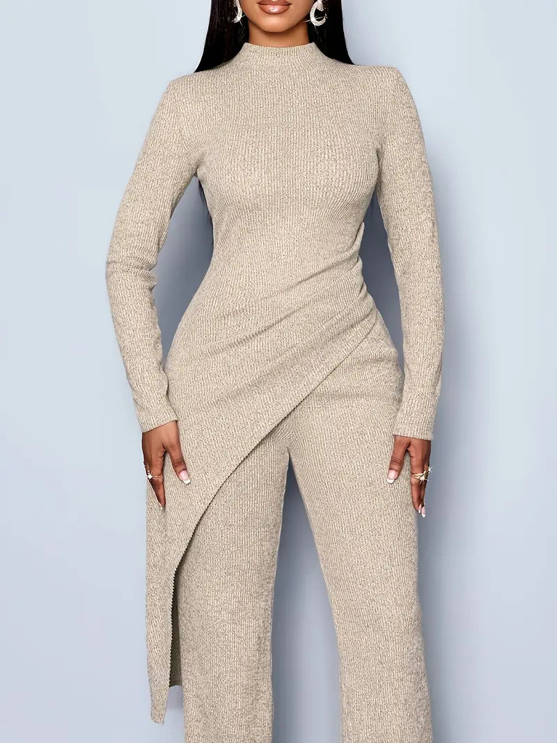 Beige Women's Elegant Fleece Ribbed Asymmetrical Hem Top And Flared Pants