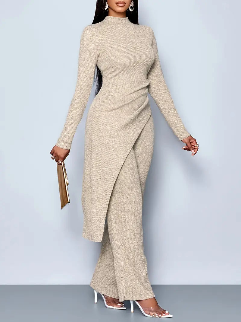 Beige Women's Elegant Fleece Ribbed Asymmetrical Hem Top And Flared Pants