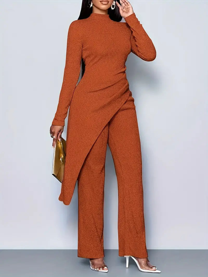 Dark Orange Women's Elegant Fleece Ribbed Asymmetrical Hem Top And Flared Pants