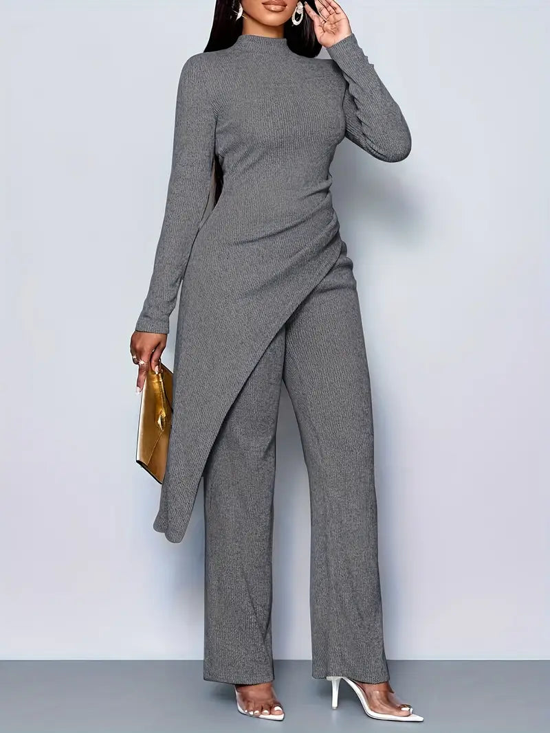 Dark Grey Women's Elegant Fleece Ribbed Asymmetrical Hem Top And Flared Pants