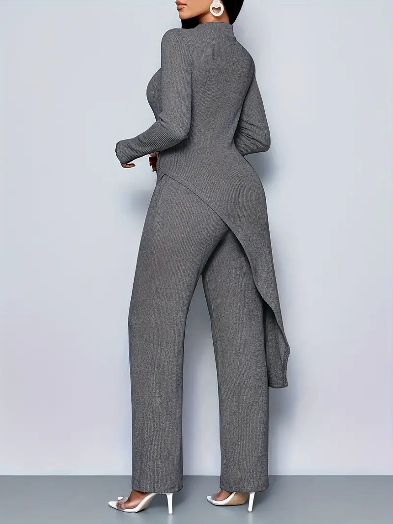 Dark Grey Women's Elegant Fleece Ribbed Asymmetrical Hem Top And Flared Pants