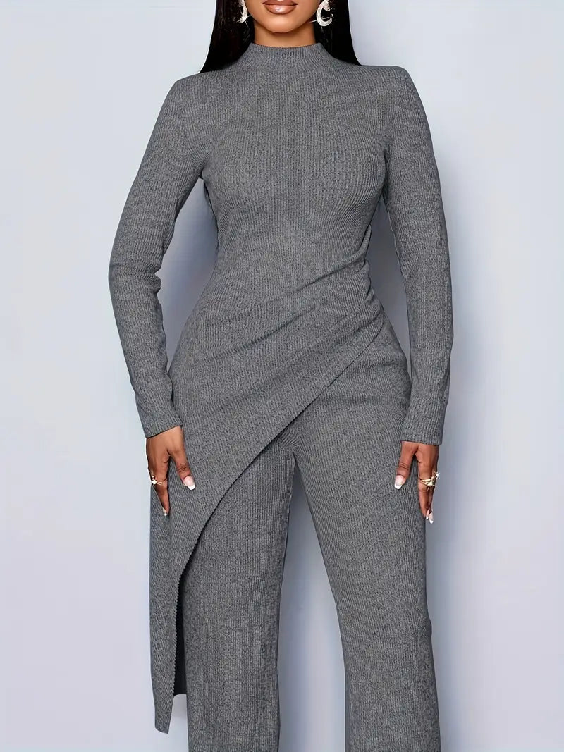 Dark Grey Women's Elegant Fleece Ribbed Asymmetrical Hem Top And Flared Pants
