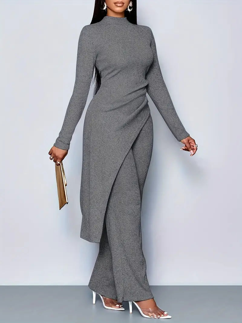 Dark Grey Women's Elegant Fleece Ribbed Asymmetrical Hem Top And Flared Pants