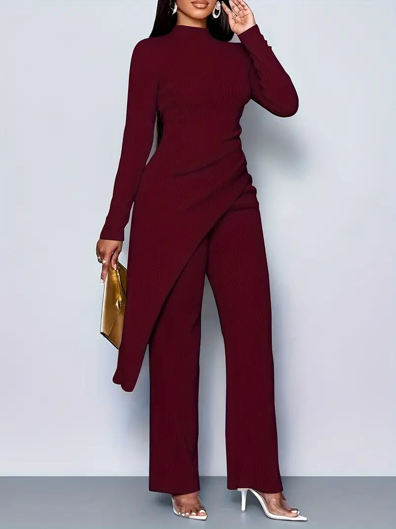 Deep Red Women's Elegant Fleece Ribbed Asymmetrical Hem Top And Flared Pants