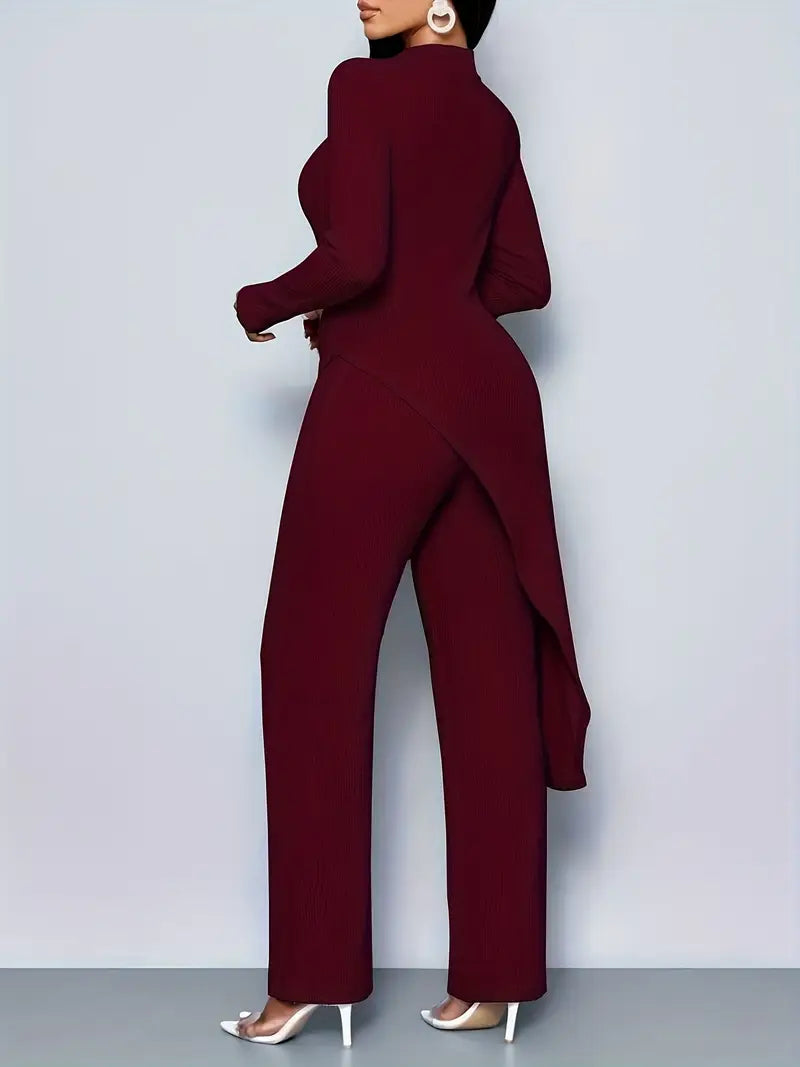 Deep Red Women's Elegant Fleece Ribbed Asymmetrical Hem Top And Flared Pants