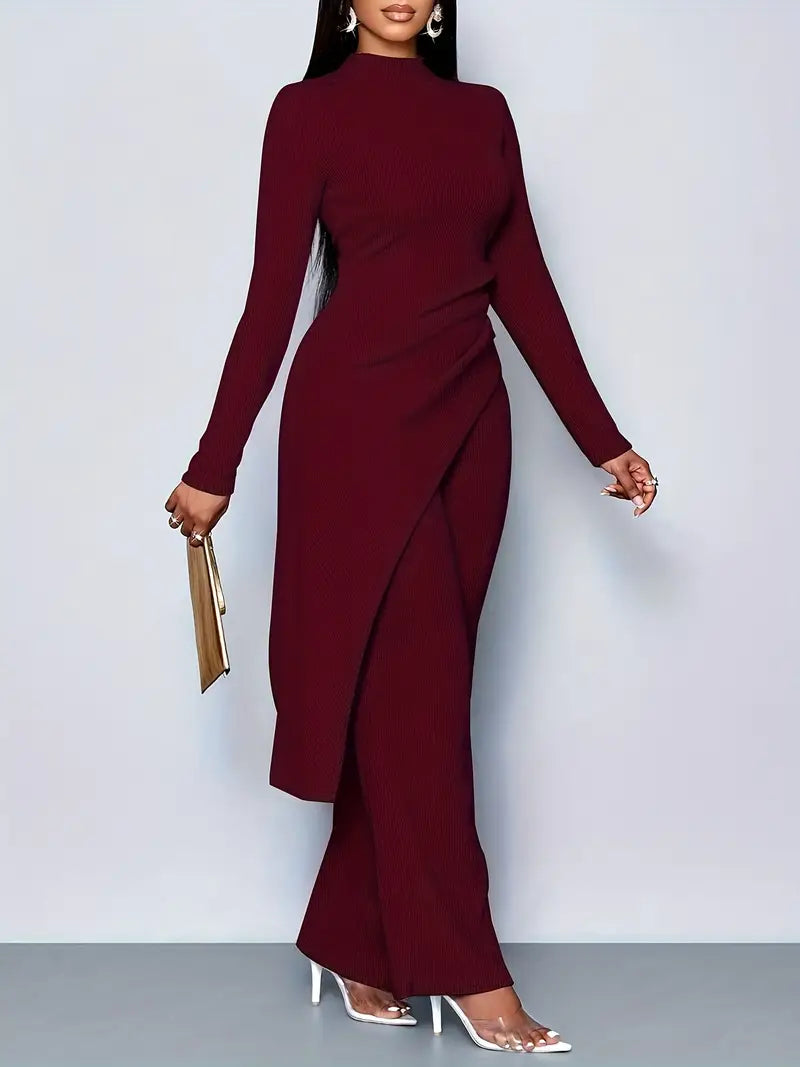 Deep Red Women's Elegant Fleece Ribbed Asymmetrical Hem Top And Flared Pants