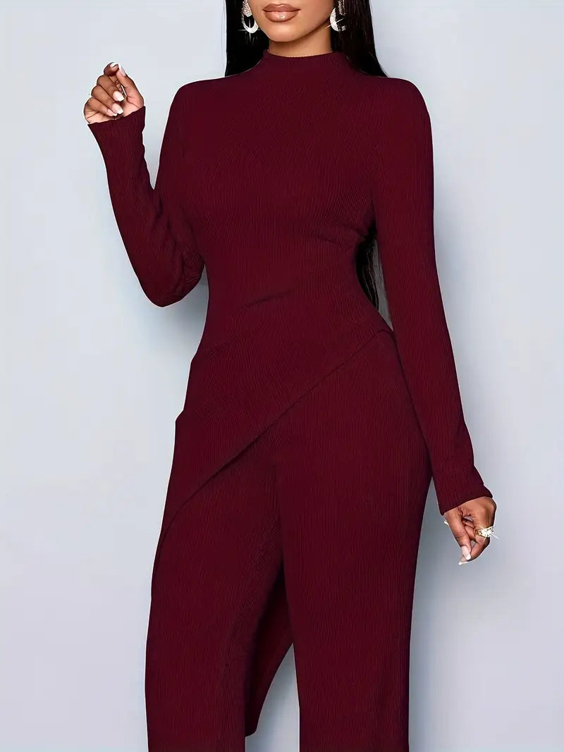 Deep Red Women's Elegant Fleece Ribbed Asymmetrical Hem Top And Flared Pants
