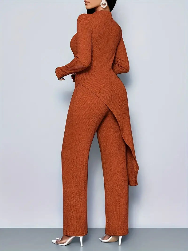 Dark Orange Women's Elegant Fleece Ribbed Asymmetrical Hem Top And Flared Pants