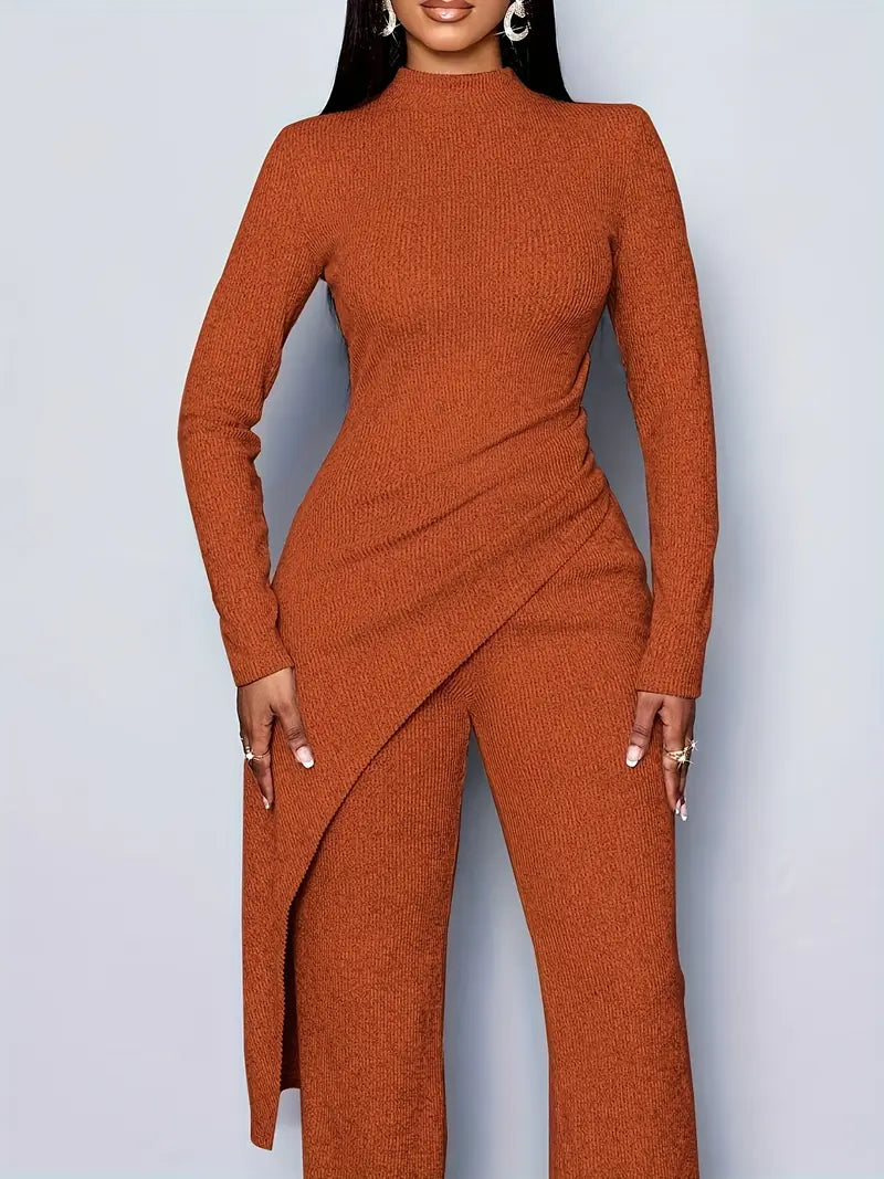 Dark Orange Women's Elegant Fleece Ribbed Asymmetrical Hem Top And Flared Pants