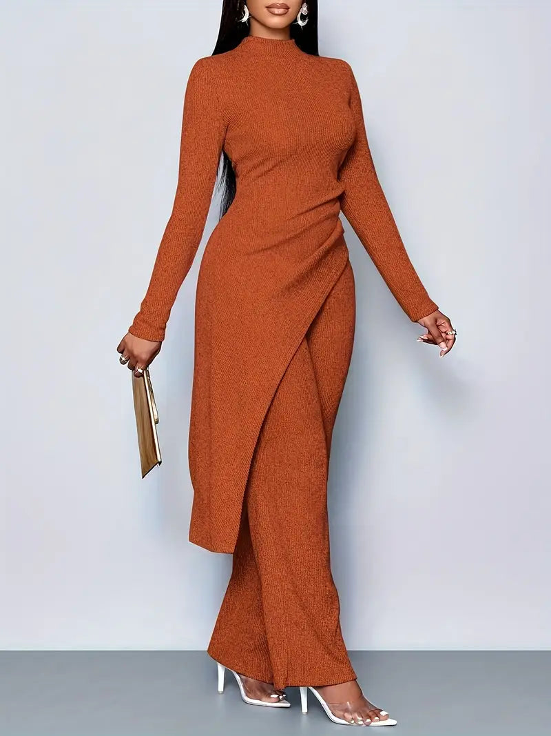 Dark Orange Women's Elegant Fleece Ribbed Asymmetrical Hem Top And Flared Pants