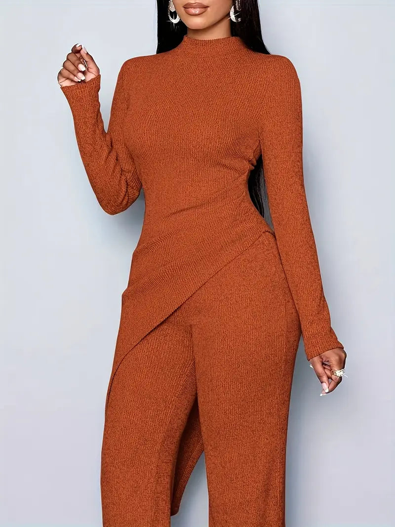 Dark Orange Women's Elegant Fleece Ribbed Asymmetrical Hem Top And Flared Pants